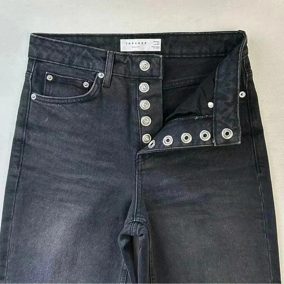 Topshop Straight Leg Jeans High Rise Popper Front Cropped Raw Hem Black Size 26 - Picture 9 of 16